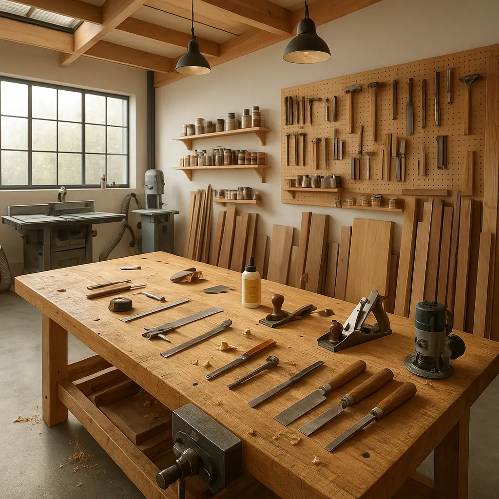 Helles modernes Möbelatelier mit Werkbank und Holzpanelen