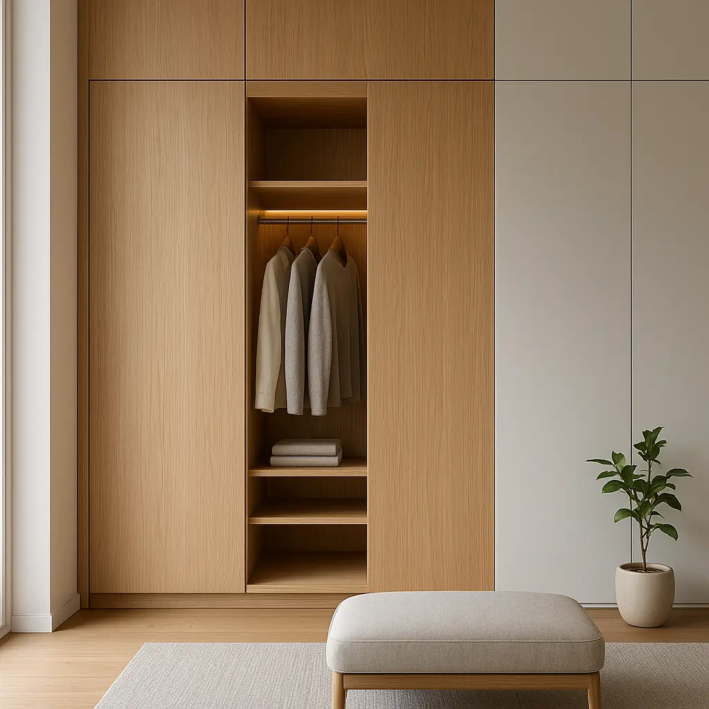 Massgefertigter Einbauschrank mit warmem Holzfurnier