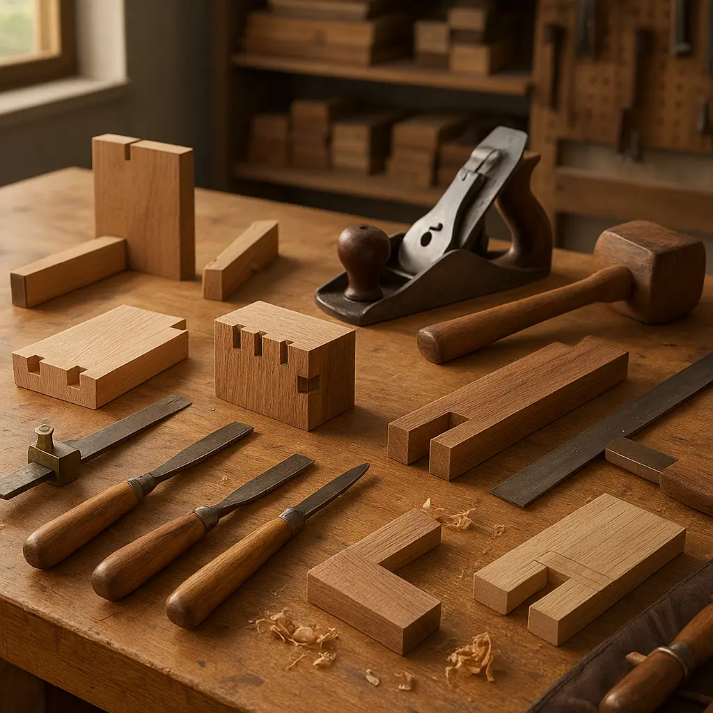 Detaillierte Holzverbindung mit Handwerkzeugen auf Werkbank