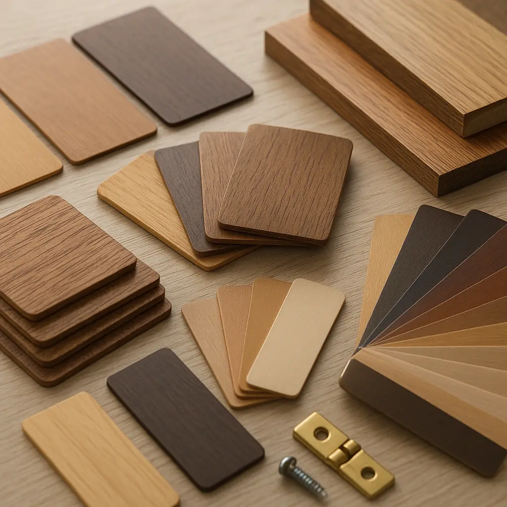 Holzmuster und Oberflächen-Swatches auf einem Tisch